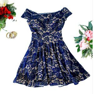 B. Darlin Women's Mini Dress Size 7 / 8 Navy Blue Lace Nude Formal Fit & Flare